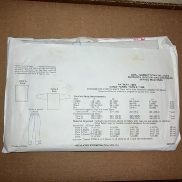 Kwik Sew pattern 1890 vintage Girls pull on simple tops and pants Sizes: 8-14 - Picture 2 of 2